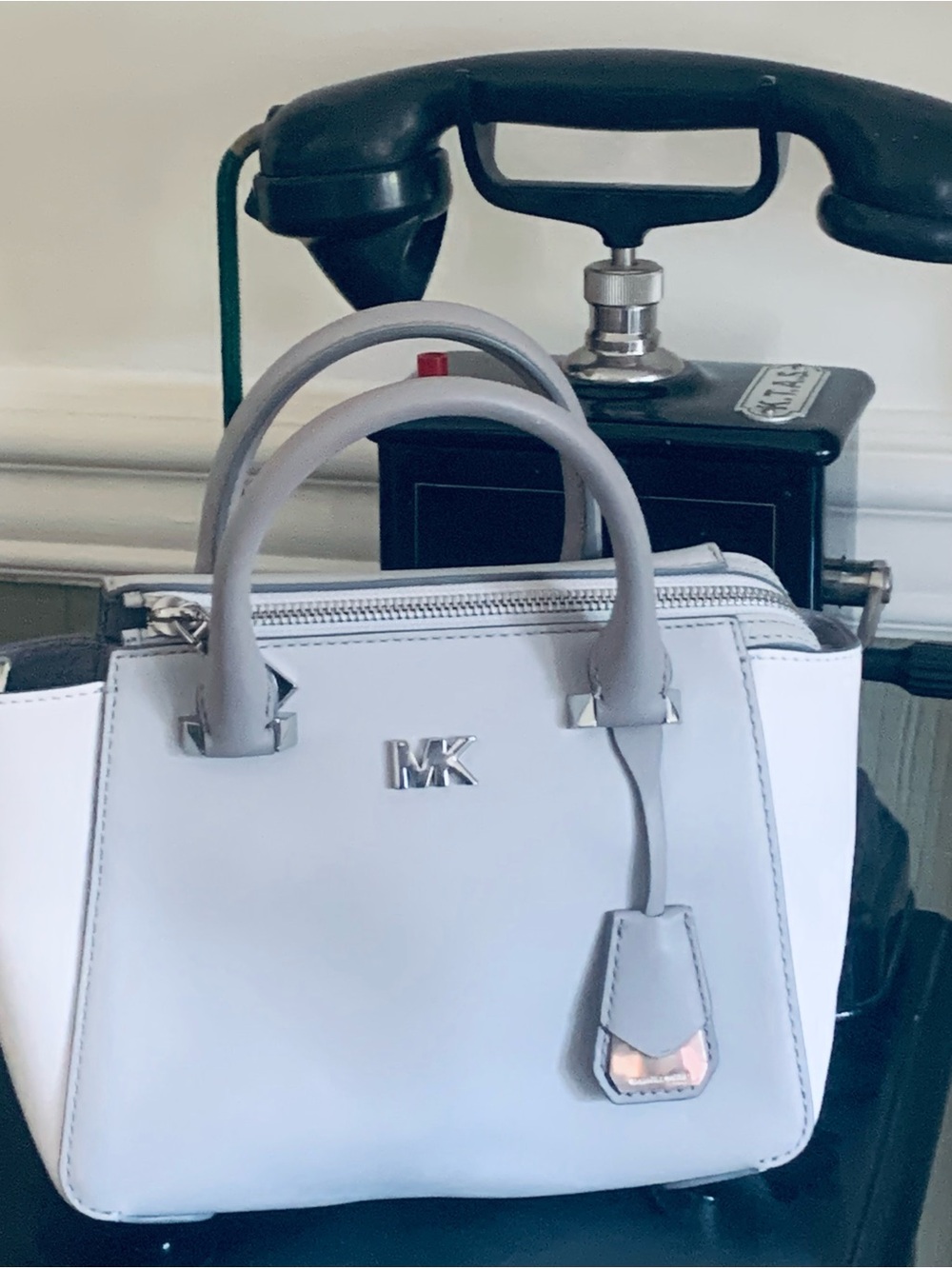 Michael Kors two tone grey Leather Satchel Handbag with shoulder strap.